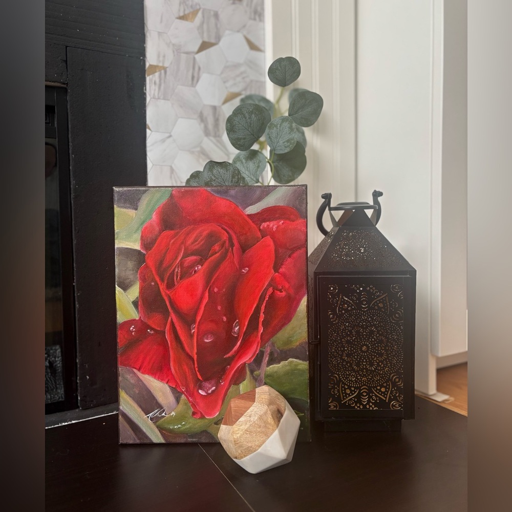 Rose with raindrops realism original oil painting on Canvas canadian artist